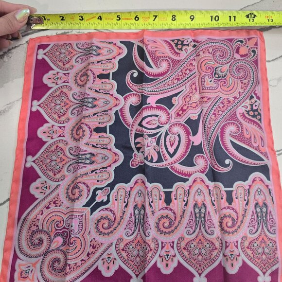 Pink & Navy Paisley Silk Square Scarf 100% Silk 13"x13" Bandana Style - Picture 5 of 6